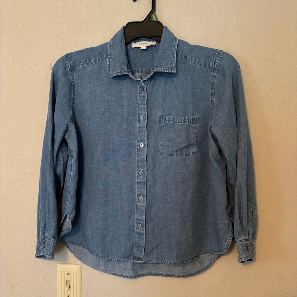 LOFT Denim-Textured Chambray Shirt in Blue